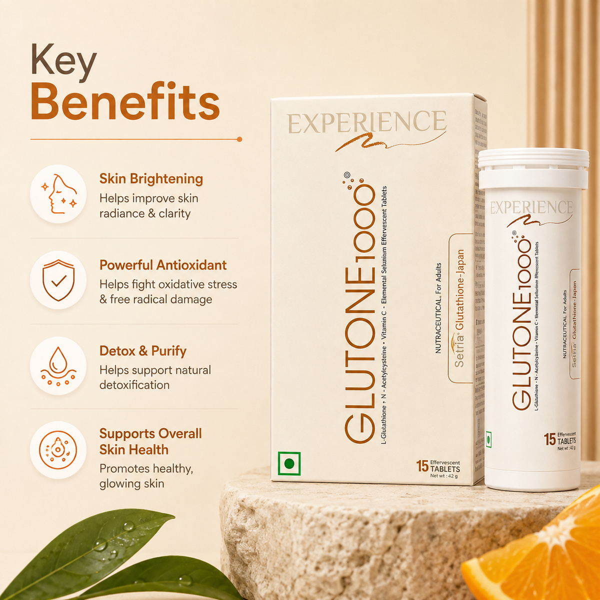 Glutone 1000 Setria L-Glutathione & Vitamin C Effervescent Tablets For Skin Brightening -15tab