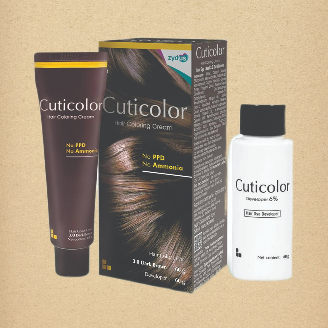 Cuticolor Permanent Hair Color Cream Dark Brown 3.0 Ammonia Free PPD Free - Skinluv